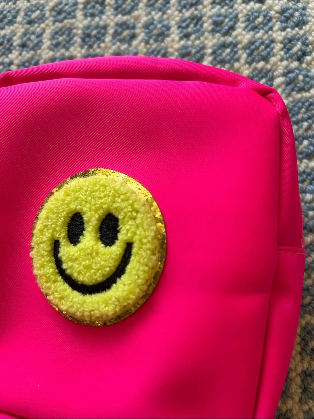 Hot Pink Square Pouch with Yellow Smiley Patch